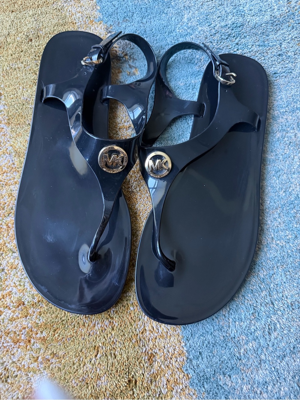 Michael Kors Black Jelly T-Strap Sandals with Gold MK Medallions